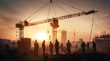 Chantier de construction bâtiment neuf avec grue et ouvriers BTP