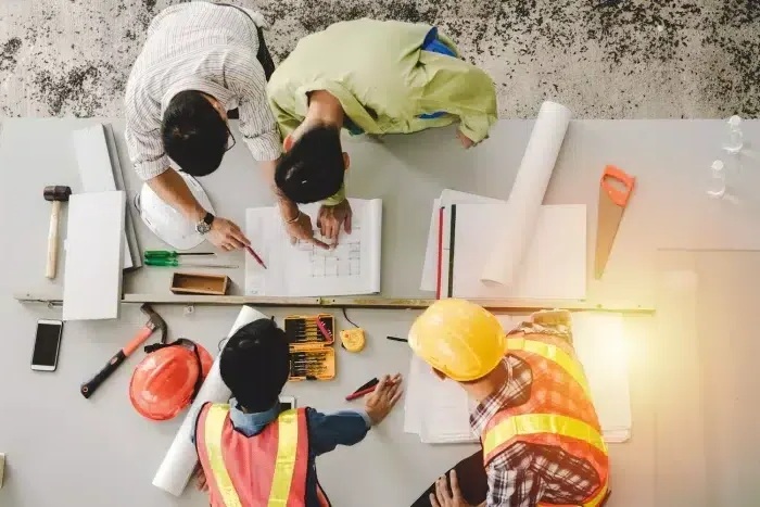 Maître d'ouvrage et entrepreneur signant un contrat de construction